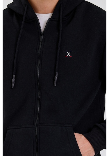 Polostate Erkek Fermuarlı Kanguru Cep 3 İplik Sweatshirt Siyah