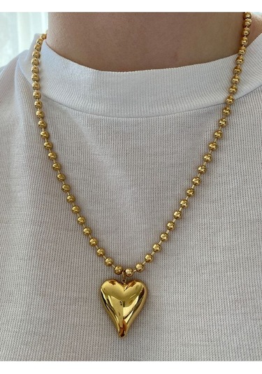 Kadın Sıralı Toplu İri Kalp Çelik Kararmaz Gold Kolye