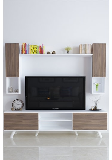Moonlife Istanbul Dolaplı Kapaklı Tv Ünitesi Beyaz Ceviz