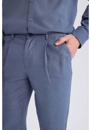 Defacto %100 Keten Normal Kesim Crop Duble Paça Yazlık Kumaş Pantolon C1826ax25smın247 İndigo