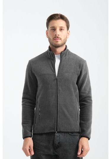 Shooter Sportswear Premium Kışlık Erkek Polar Sweatshirt Minimal Nakış Detayları Fermuarlı Regular Fit Füme