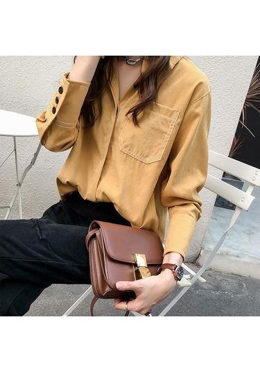Sarı 2023 Moda Gevşek Tembel Gömlek Kadın Uzun Kollu Vintage Katı Altlık Trendi Sarı