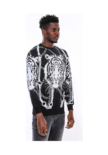 Wessi Siyah Taşlı Baskılı Bisiklet Yaka Sweatshirt Siyah