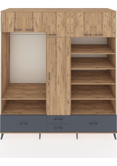 Kronos Dolap 18 Raflı 4 Çekmeceli Tek Askılı 220x59x243 Çam-çam/antrasit Atlas Çam/antrasıt