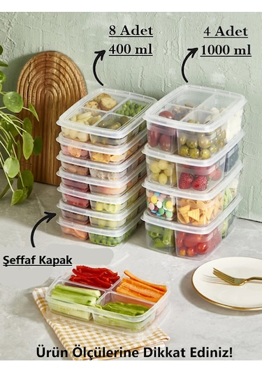 Bayev 12'li Saklama Seti (8 Adet 400 ml ) (4 ADET 1 LT) 4 Bölmeli Öğünlük Saklama Kabı Çok Renkli