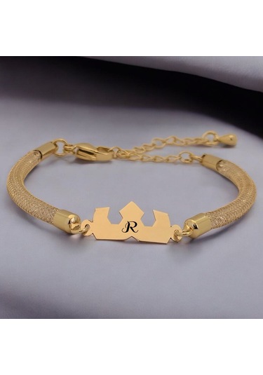 Archin R Harfine Özel 14 Ayar Altın Plakalı Hasır Kordonlu Taç Motifli Hediye Bileklik-461harf R