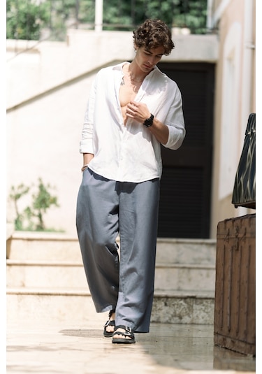 Fyfaha Bol Paça İndigo Erkek Keten Pantolon İndigo