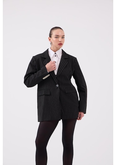 Holly Lolly Oversize Kesim Çizgili Strip Blazer Ceket Siyah
