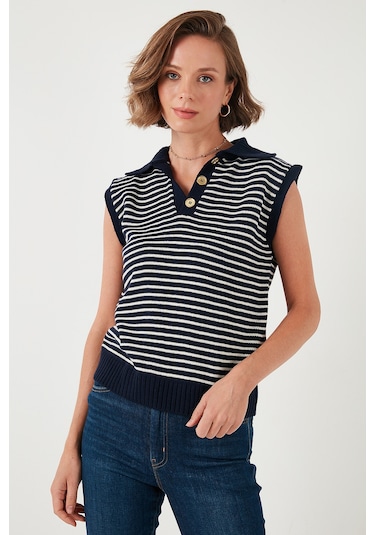 Lela Çizgili V Yaka Triko Bayan Süveter 4616171 Lacivert-Krem