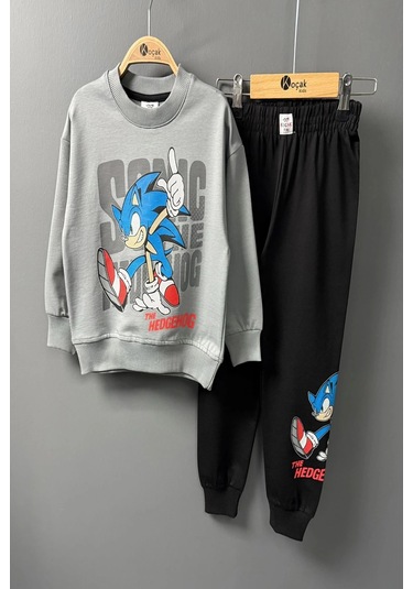 Sonic Desenli Gri Renk Erkek Çocuk Eşofman Takım Gri