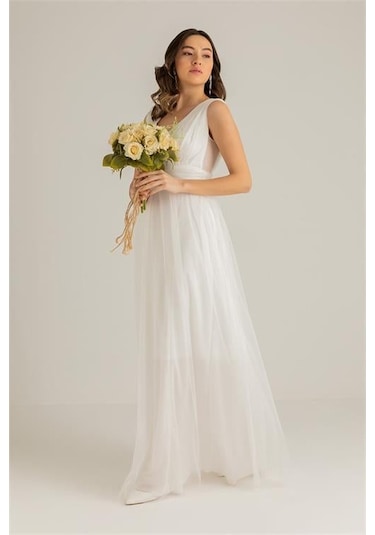 Dipmoda Kadın Beyaz Drapeli Tül Abiye Elbise Dp2030 Beyaz