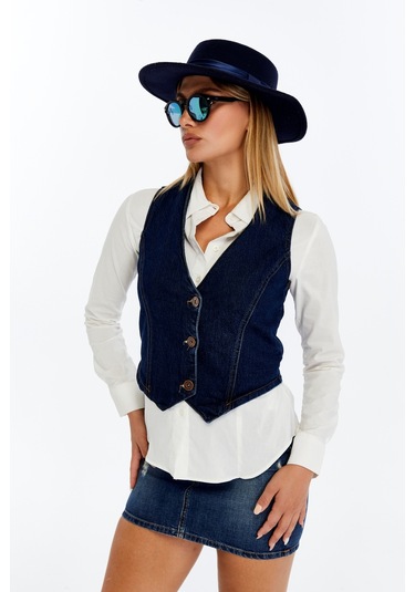 Kadın Denim Yelek Şık Düğmeli Jean Yelek, Günlük Ve Casual Kombin Koyu Mavi