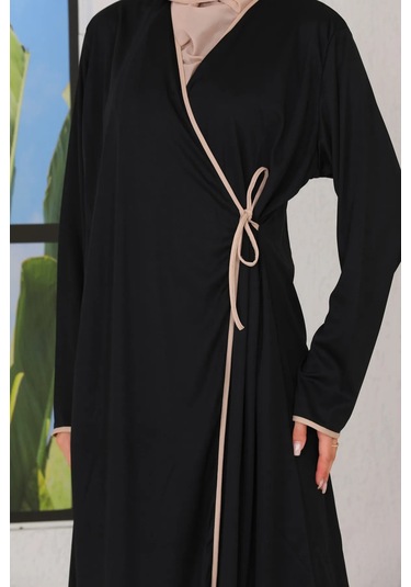 Pratik Rahat Yandan Bağlamalı Namaz Elbisesi Siyah-21011 Gül Kurusu