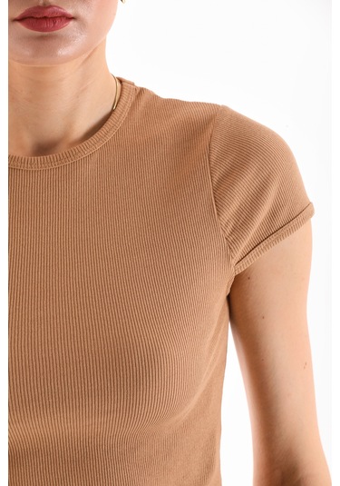 Kadın Likralı Kısa Kol Crop Bluz CAMEL