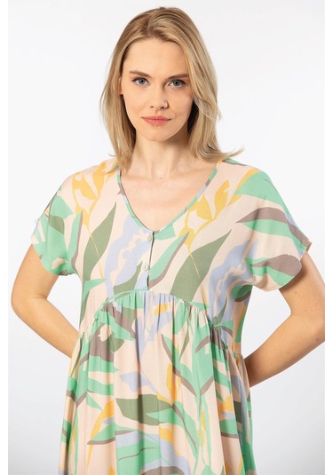 Türen 3602 Kadın Kısa Kollu Dokuma Kloş Elbise-yeşil Yeşil