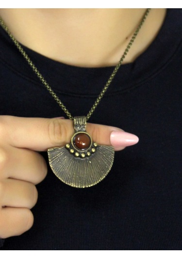 Doğal Taş Akik Doğal Taşlı Desenli Otantik Kadın Kolye 45 Cm Zincirli Euk26a Kırmızı