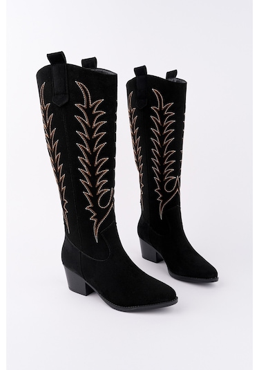 Muggo Texas Sivri Burun Nakışlı Kalın Topuklu Kadın Kovboy Western Çizme Sıyah Suet