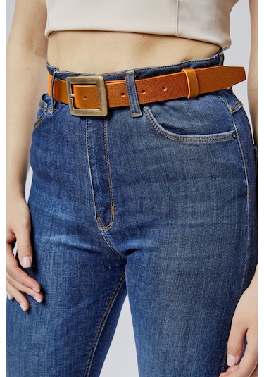 %100 Hakiki Deri Antik Sarı Tokalı Kadın Kemeri 3cm Taba