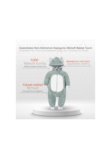 Gezenbebe Hero Kahraman Kapüşonlu Welsoft Bebek Tulum Gri