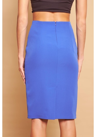 Astarlı Yüksek Bel Diz Altı Hafif Likralı Yırtmaçlı Kumaş Ofis Kalem Etek-saks - Sax Saks Mavisi