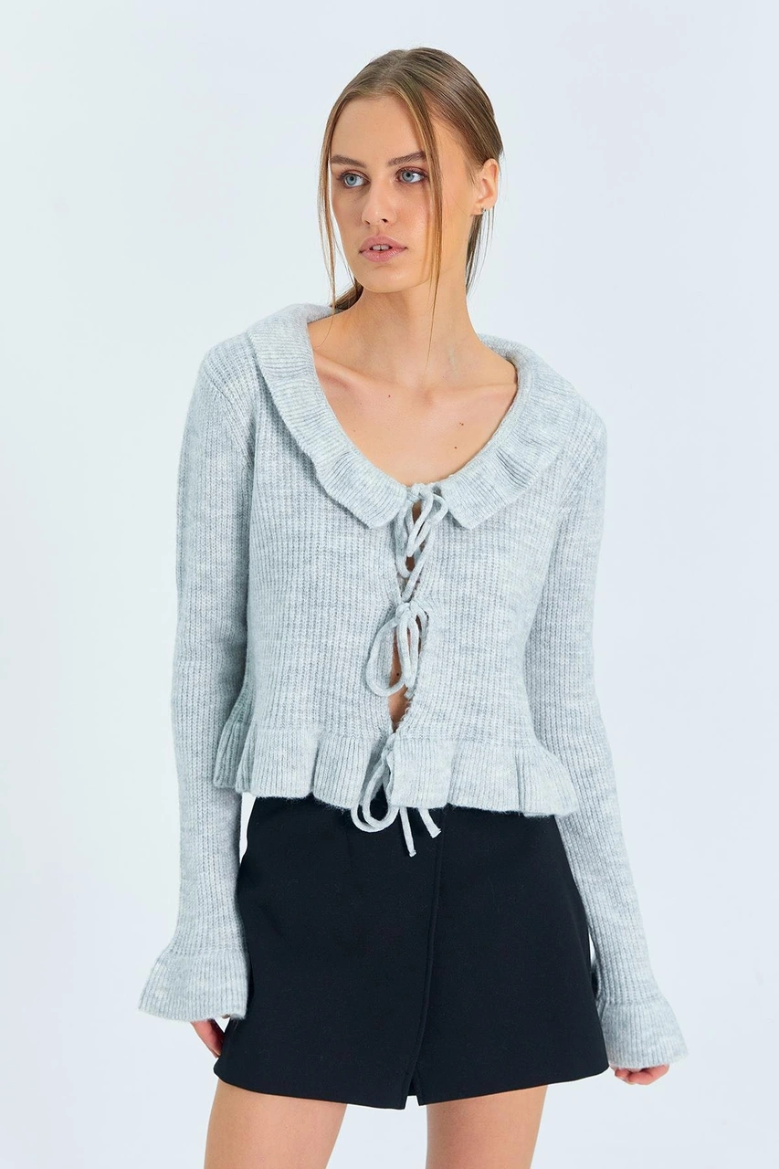 6899 Kadın Önden Bağcıklı Hırka Gri Gri