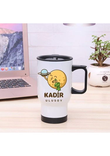 Kişiye Özel Kulplu Uzay Temalı Çelik Bardak Termos - 450mlt Beyaz