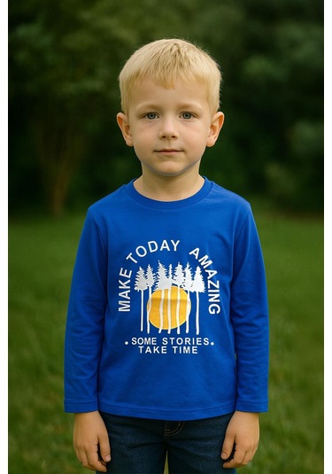 Erkek Çocuk %100 Pamuk Baskılı Uzun Kollu Tişört - Saks 3-4 Yaş 8-9 Yaş Saks