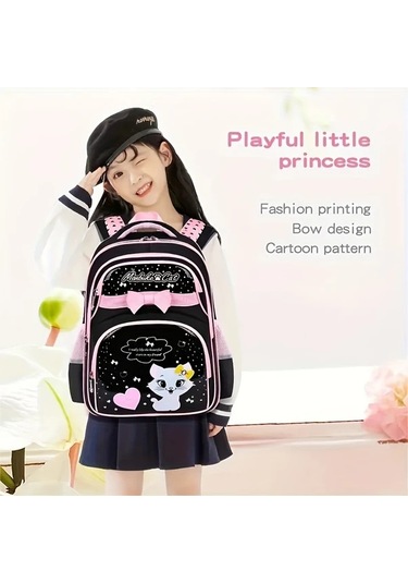 Dream011 Sevimli Çizgi Film Kedi Desenli Siyah Küçük İlkokul Çantası 1-6 Sınıflar İçin Kız Ve Çocuk Ultra Hafif Büyük Kapasiteli Siyah