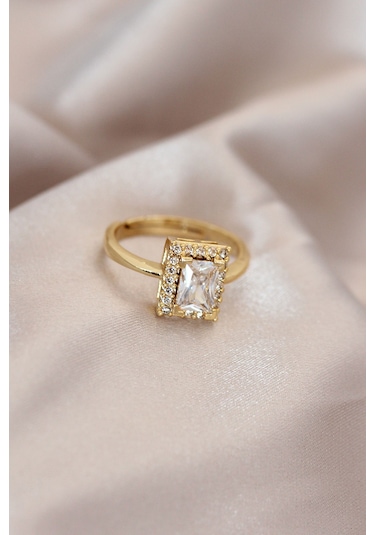 Ayarlamalı Gold Renk Metal Zirkon Ve Kristal Taşlı Dikdörtgen Model Yüzük Bakır