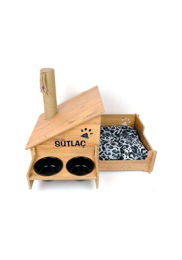 Realwood Ahşap Seramik Kaseli Tırmalama Çubuklu Açık Kapalı Kedi Evi