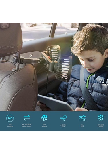Hallow K22833 Usb Çift Kafalı Araç Arka Koltuk Vantilatörü Fanı Siyah