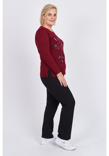 Flaş Triko Kadın Çiçekli Nakış Detaylı Bluz 3320806 Bordo Bordo