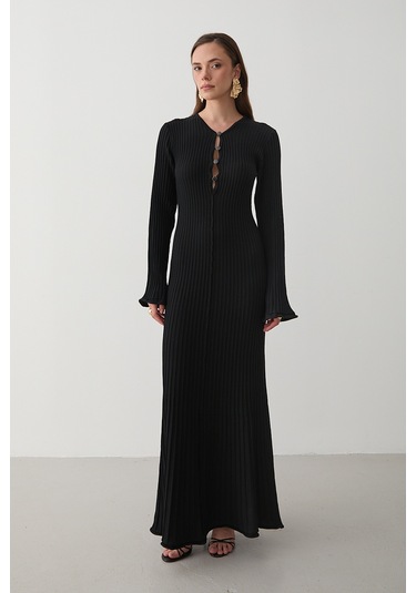 Siyah Düğme Detaylı Uzun Elbise - 1725 Kahverengi