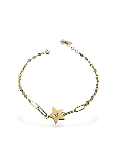 MaGold İtalyan Işıltılı Ataç Tek Taş Yıldız Çok Şık Altın Bileklik Altın Sarı Altın