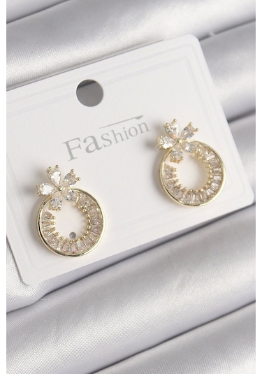 Pirinç Gold Renk Zirkon Taşlı Halka Model Çiçek Figür Kadın Küpe Çok Renkli