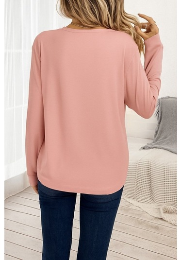 Tua Moda Kadın Uzun Kollu Bisiklet Yaka Viskon Bluz Pembe