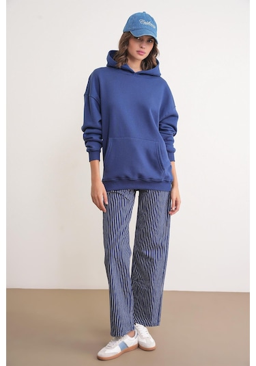 Mixray 2022 Unisex 3iplik Basic Polarlı Kapüşonlu Sweatshirt Hoodie Lacivert
