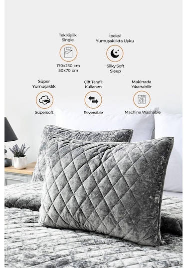 Evlen Home Kapitone Kadife Yatak Örtüsü Seti Tek Kişilik Supersoft 2 Parça Yumuşak Elyaf Dolgulu