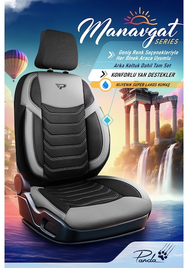 Siyah - Gri Garni Panda Manavgat Serısı Lakos Kumaş Oto Koltuk Kılıfı - Tam Set