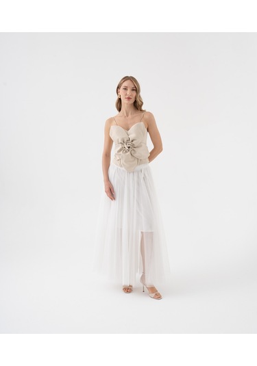 Tül Katmanlı Uzun Şifon Etek Ekru