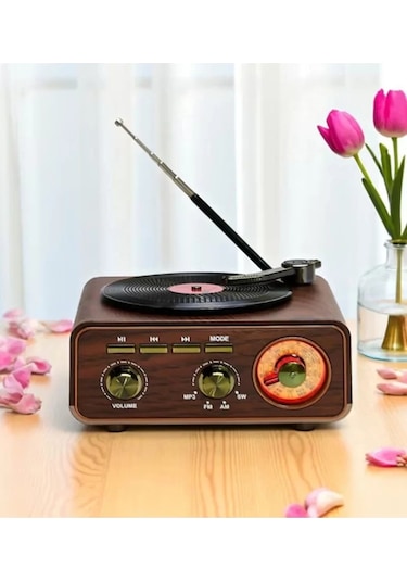 Nostaljik Tasarım Plak Çalar Görünümlü Ralu Bluetooth Hoparlör Retro Müzik Plak