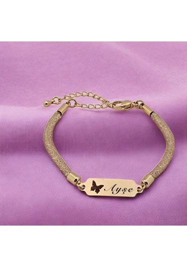 Archin Ayşe İsmine Özel Kelebek Motifli 14 Ayar Altın Plakalı Hasır Kordonlu Hediye Bileklik-647isim Ayşe