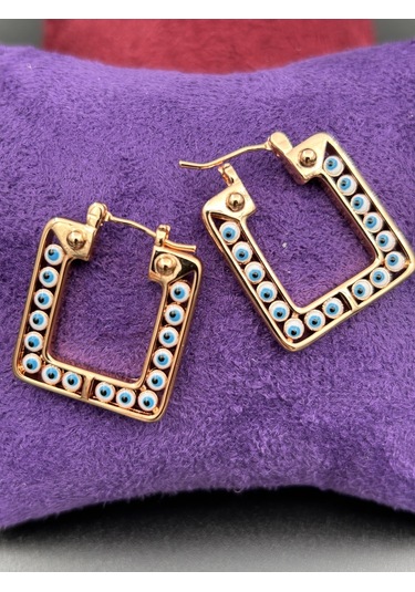 Çelik Suya Dayanaklı Kadın Kare 3cm Mavi Nazar Boncuklu Rose Gold Küpe Rose Gold