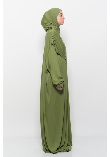 Pratik Tek Parça Pamuklu Yarasa Kollu Tak Çıkar Başörtülü Tesettür Namaz Elbisesi Fıstık Yeşili Çok Renkli