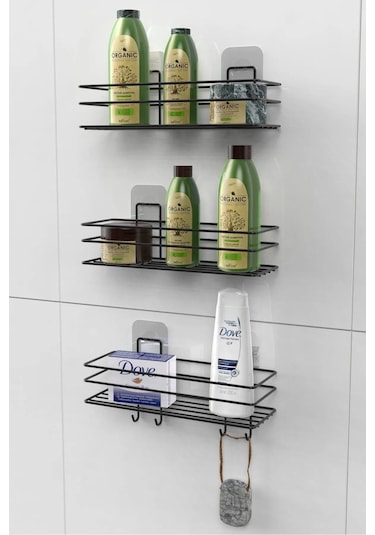 Siyah Yapışkanlı 3'lü Banyo Ve Mutfak Rafı 2 Adet Raf Ve Kancalı Raf Banyo Ve Mutfak Düzenleyici Siyah