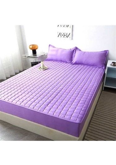 Novahub 3 Adet Mor 150x200cm Pamuklu Yumuşak Yatak Örtüsü + 2 Adet Yastık Kılıfı Elastik Kaymaz Levha Yatak Örtüsü Seti Mor