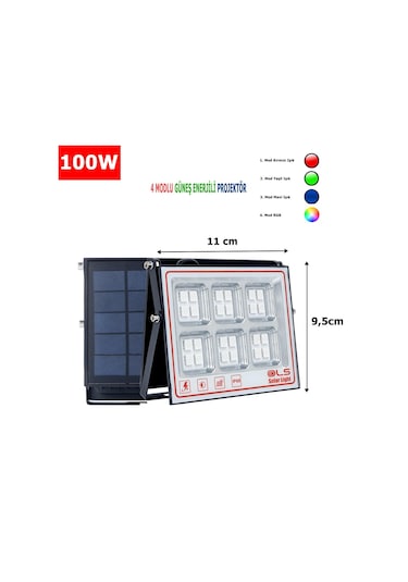 100 Solar 5 Modlu Güneş Enerjili Led Projektör Mavi Yeşil Kırmızı Ve Rgb Renk Aydınlatma 1 Adet