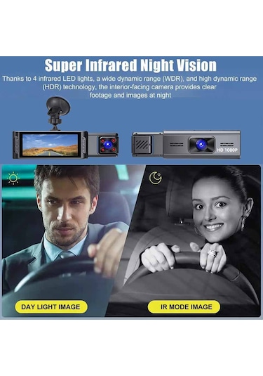 Yaozixa 3.16 İnç Ekranlı Araç Sürücü Kaydedici - Üç Kameralı Ön/arka/iç 1080p Full Hd Gece Görüşü Ve Telefon İle İzleme