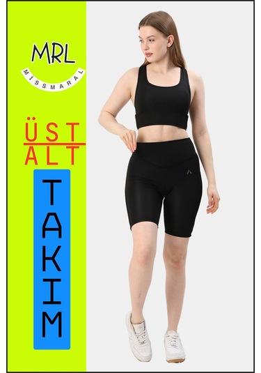 Kadın Siyah Takım Alt-üst Kısa Şort-tayt Ve Pedli Sporcu Büstiyer 2li Set Haki Renk Biyeli Elt3043 Siyah Haki