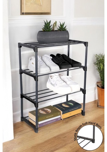 İronika Kalın Metal Çubuklu 4 Katlı Lüx Ayakkabılık Metal Borulu Raf Organizer Siyah